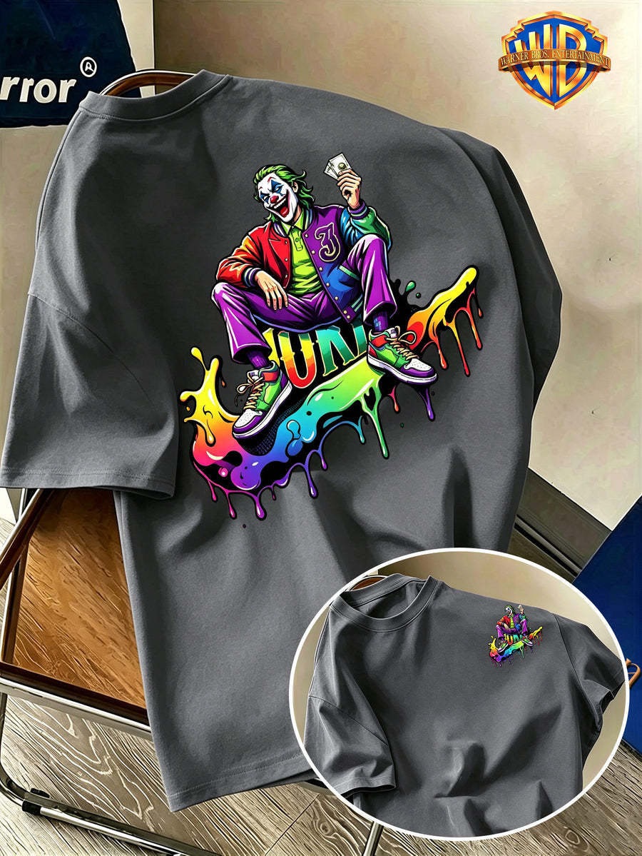 Halloween Back-To-School Men'S Short Sleeve T-Shirt, Warner Bros. Official DC Joker Sitting Colorful Dripping Trendy Cartoon Print, All-Match Casual Spring Summer Regular Fit Top, Breathable And Skin-Friendly, Suitable for Daily Outings - Dark Gray