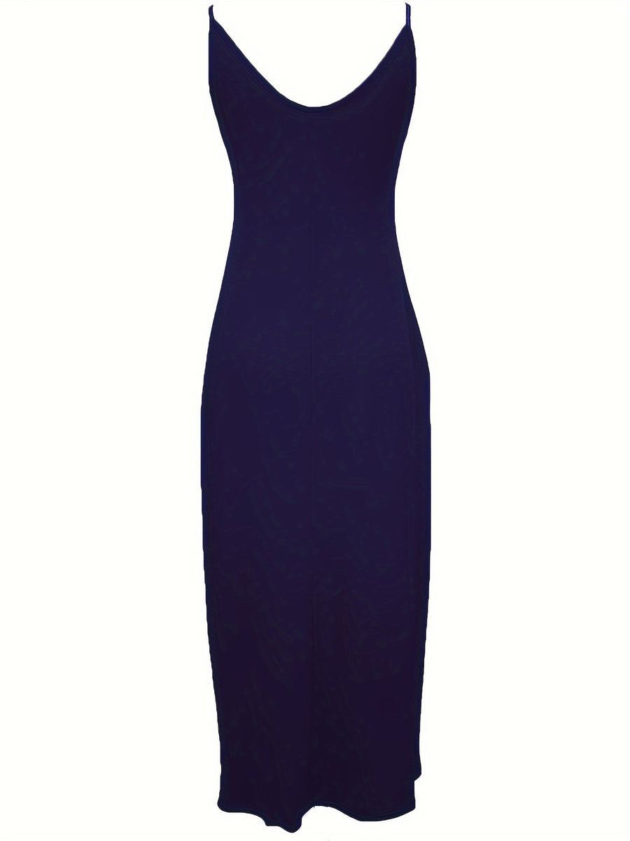 Oriented to European And American Foreign Trade Cross-Border New Women'S Long Dress, Slim And A-Line Solid Color Pattern Suspender Dress - Dark Blue