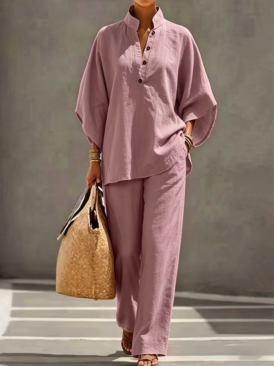 [PLMM] Spring Autumn Winter Women'S Fabric Button Short Collar Fashion Casual Two-Piece Long Pants Set - Fuchsia