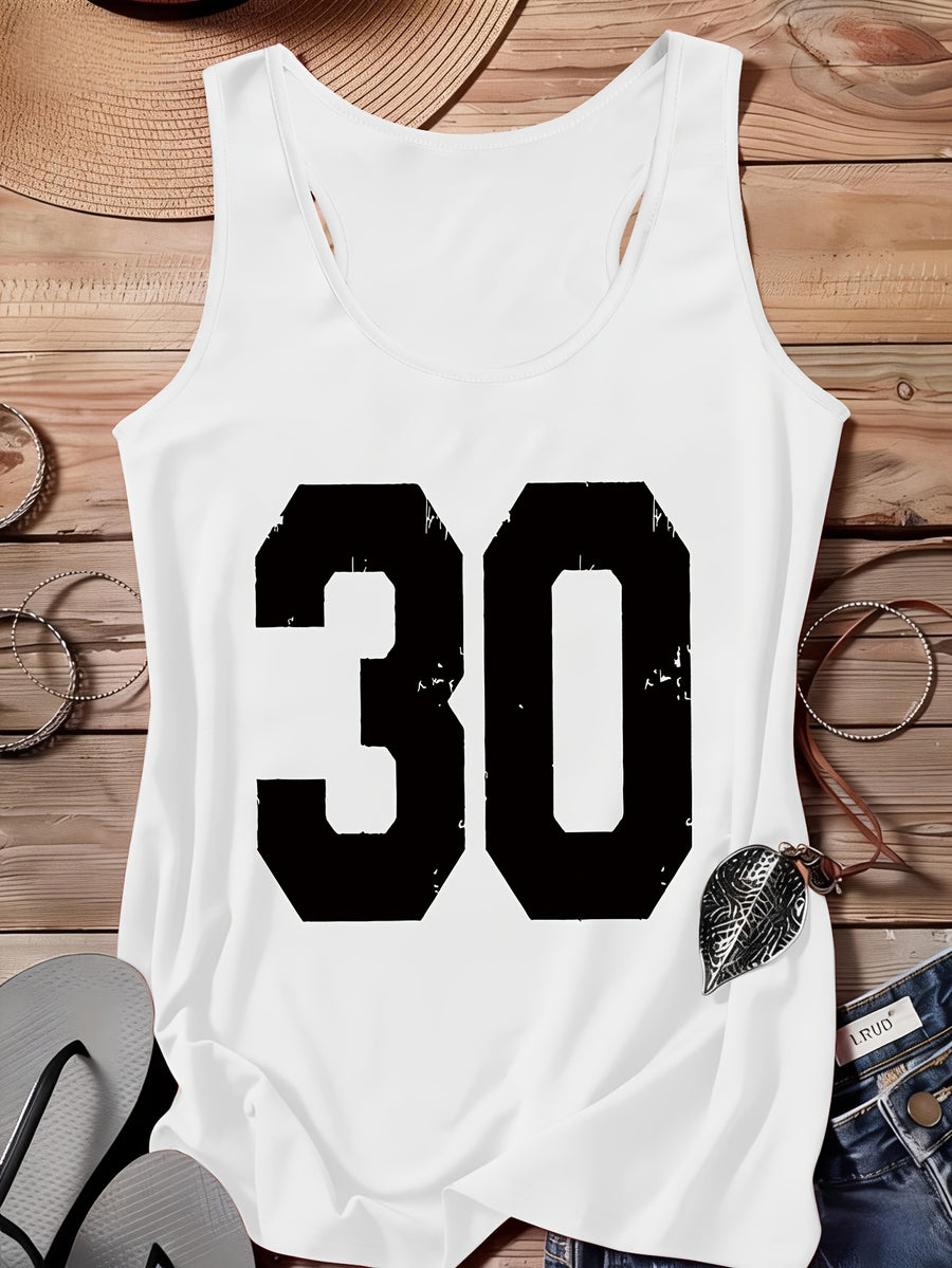 Arabic Numeral & '30' Letter Print Vest - All-Over Base Layer Suitable for Travel,, Outdoor | Machine Washable Sleeveless Top with Number | Casual Round Neck Wear for Streetwear and Year-Round Use - White