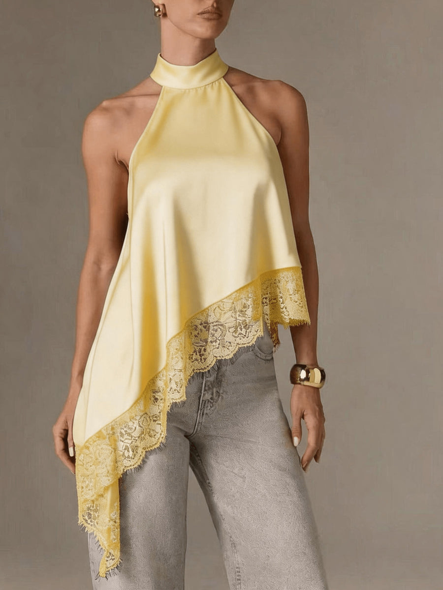 Directional Style Irregular Patchwork Lace Neckline Halter Elegant Temperament Top Halter Vest - Yellow