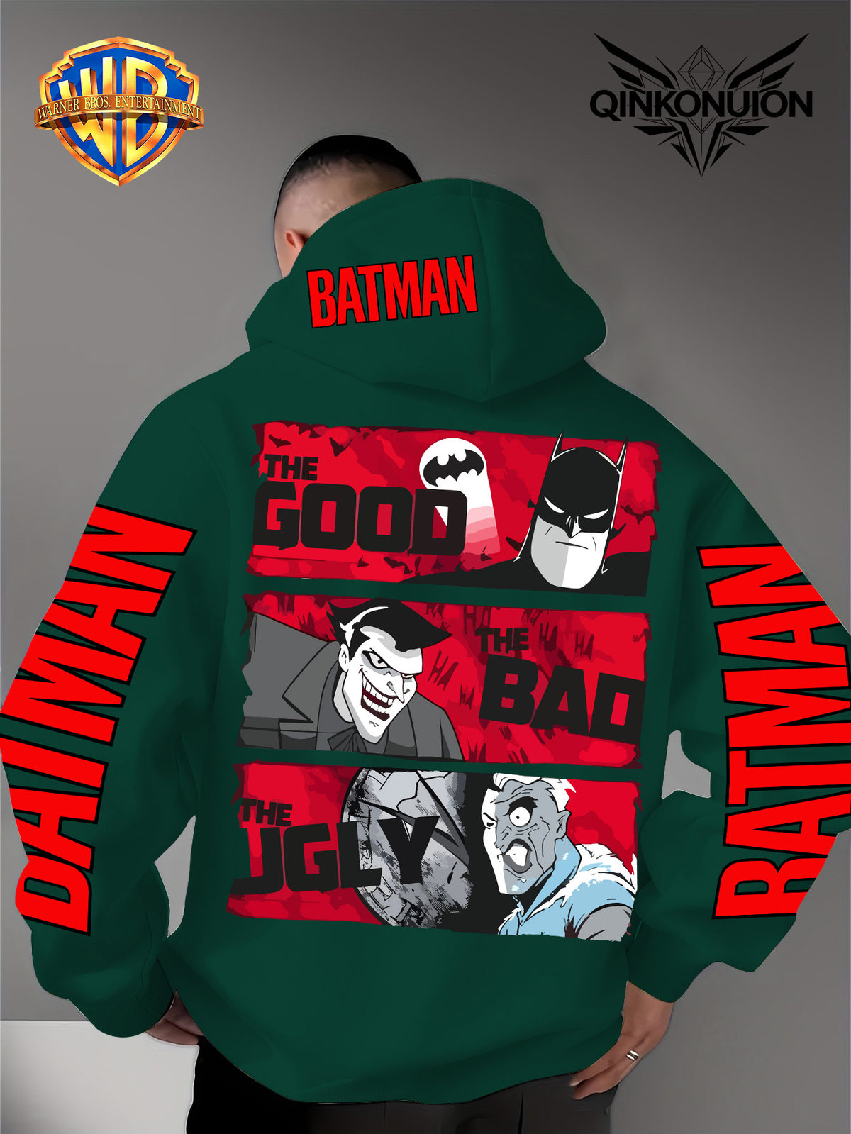 Warner Official Men's Hoodie, Red Bottom Three Grid Comic Batman Joker  Character Print Design, Machine Washable, Warm and Casual for Autumn and Winter, Daily Drawstring Hoodie, Multi Functional Sports and Leisure Loose Version - Green