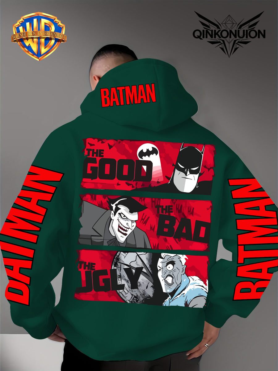 Warner Official Men's Hoodie, Red Bottom Three Grid Comic Batman Joker Character Print Design, Machine Washable, Warm and Casual for Autumn and Winter, Daily Drawstring Hoodie, Multi Functional Sports and Leisure Loose Version - Green