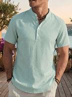 4pcs Men'S Casual Striped Linen Blend Henley Shirts, Breathable Short Sleeve Summer Tops, Suitable for Daily, Beach, And Vacation - Color Mixing 9