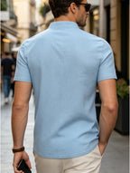Men's Mountain Graphic Short Sleeve Henley Shirt, Mandarin Collar Half Placket Button Casual T-Shirt, Lightweight And Linen Blend Texture Summer Beach Tops - Blue