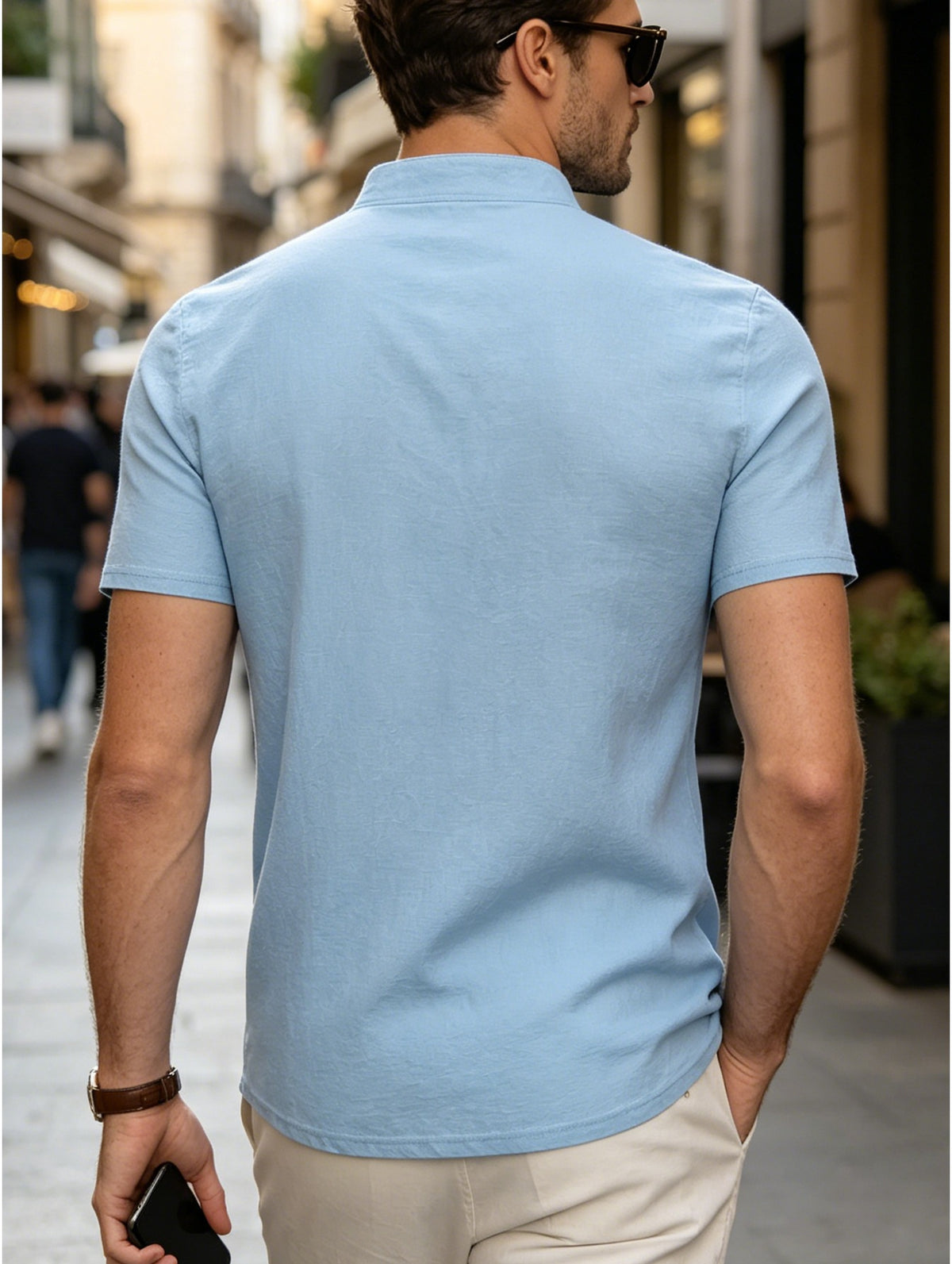 Men's Mountain Graphic Short Sleeve Henley Shirt, Mandarin Collar Half Placket Button Casual T-Shirt, Lightweight And Linen Blend Texture Summer Beach Tops - Blue