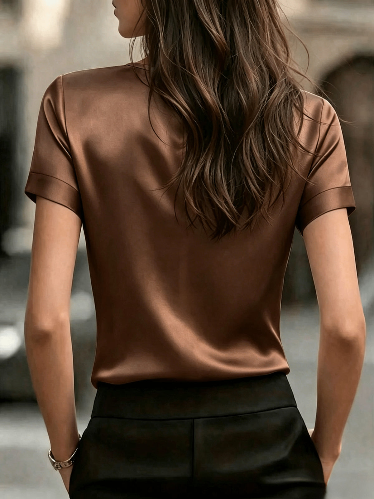 Women's Simple Round Neck Short Sleeve T-Shirt - Satin Texture, Ideal for Mother's Day & Independence Day Commute, Suitable for Spring & Summer Office & Casual Looks, Luxury Style Outfit - Coffee Color
