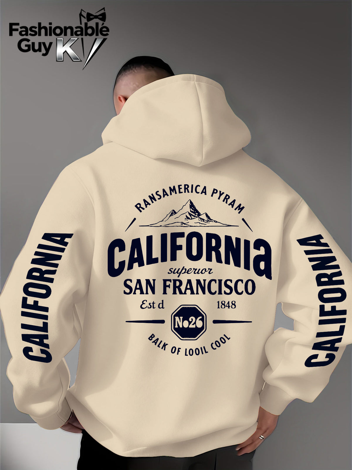 Hooded Sweatshirt with Street Culture Symbols: Featuring a "CALIFORNIA" Print That Embodies the Grandeur of the Wilderness and the Pioneering Spirit, This Sweatshirt Serves as an Exclusive Symbol for Street Culture Enthusiasts to Connect - Apricot