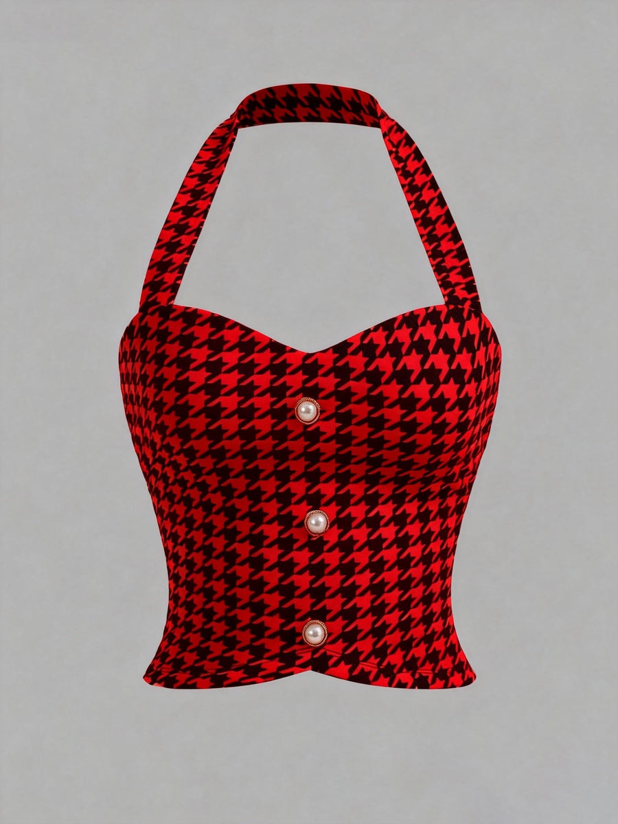 Houndstooth Print Women's Slim-fit Halter Top - Black/red Grid