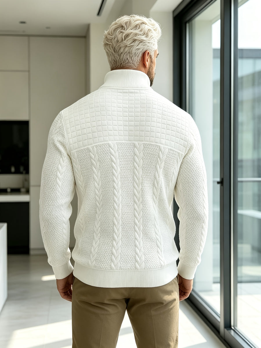 Joshmei OBM Halloween Men's Old Money Style Stand Collar Henley Shirt, Twisted Cable Knit Patchwork Checkered Long Sleeve Top, Comfortable and Warm Pullover, Suitable for Beach Vacations and Daily Wear, Men's Birthday Gift - White