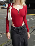 Women'S Solid Color Long Sleeve Square Neck Bodysuit with a Fitted Design from The High Street Style - Red