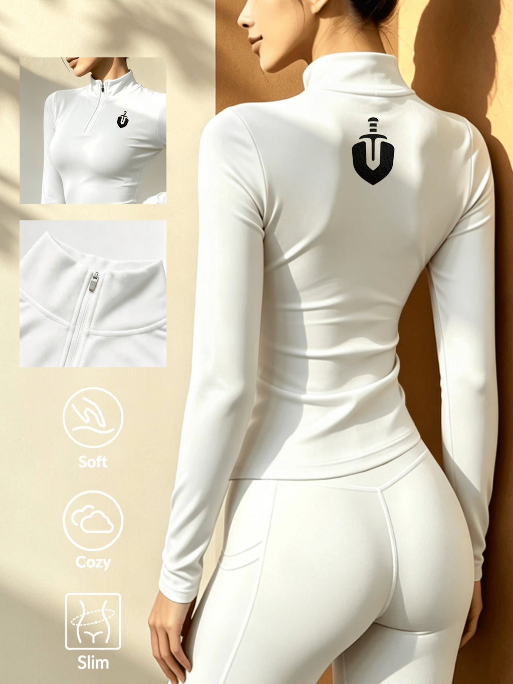 Women's Soft Zip-Up Base Layer Top, Ideal for Cycling,, and Activities During the Cold Autumn and Winter Seasons - White