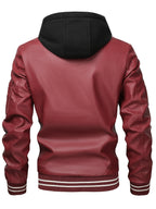 2026 New Best Choice 1pc Men'S Faux Leather Solid Color Hooded Lining Fleece Faux Leather Jacket Metal Zipper Multi-Pocket Design Casual Light Business Style Fall Slim Commute Daily Coat - Burgundy