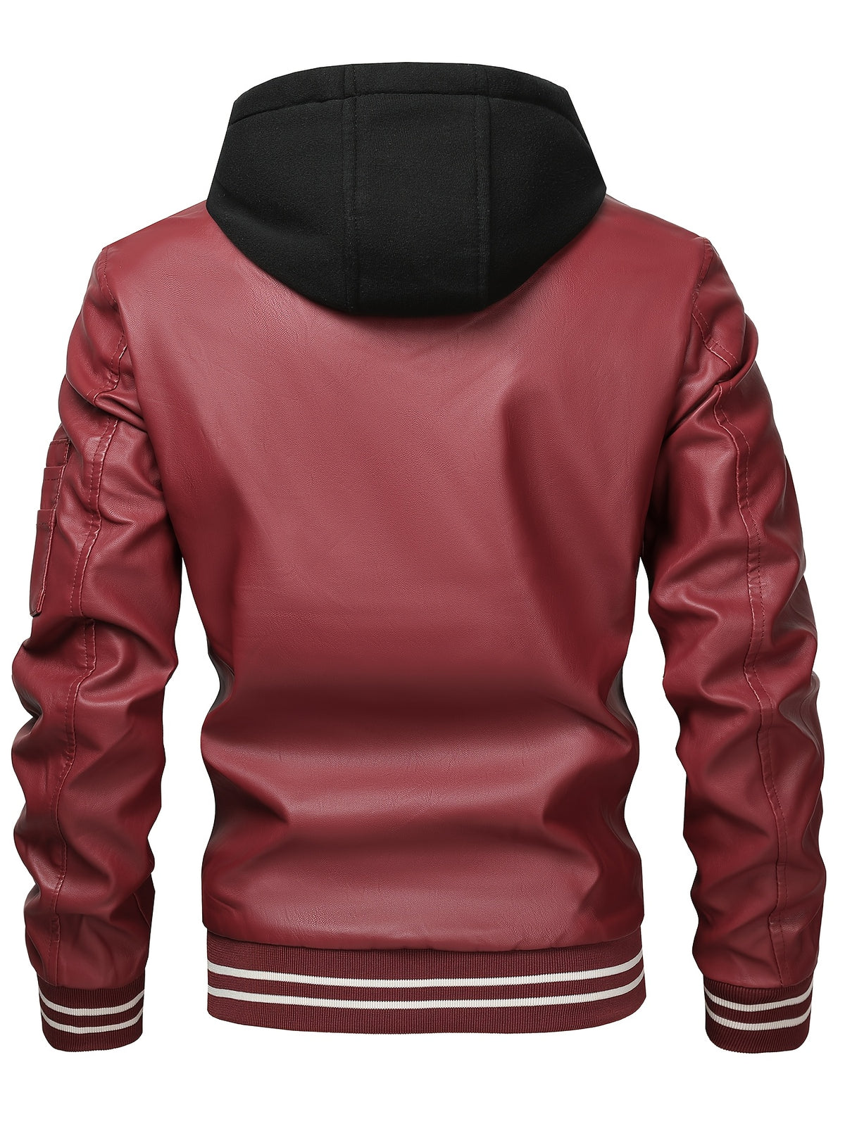 2026 New Best Choice 1pc Men'S Faux Leather Solid Color Hooded Lining Fleece Faux Leather Jacket Metal Zipper Multi-Pocket Design Casual Light Business Style Fall Slim Commute Daily Coat - Burgundy