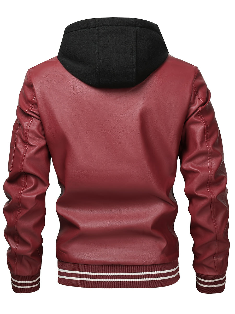 2026 New Best Choice 1pc Men'S Faux Leather Solid Color Hooded Lining Fleece Faux Leather Jacket Metal Zipper Multi-Pocket Design Casual Light Business Style Fall Slim Commute Daily Coat - Burgundy