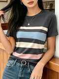 [Printed Design Texture] Women'S Korean-Style Blogger'S Colorful Striped T-Shirt, a Versatile Basic Short-Sleeve Top That Flatters The Figure And Is Suitable for All Body Types, a New Summer 2026 Model for Commuting And Casual Wear - Mixed Color 9