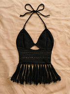 Spring Summer New Women'S Vacation Style Crochet Halter Top Solid Color Tassel Trim Hollow Out Beach Top, Bohemian Style, Date Outing, Valentine'S Day Gift, Music Festival Outfit, Mother'S Day, Beach Vacation [ASD1] - Black