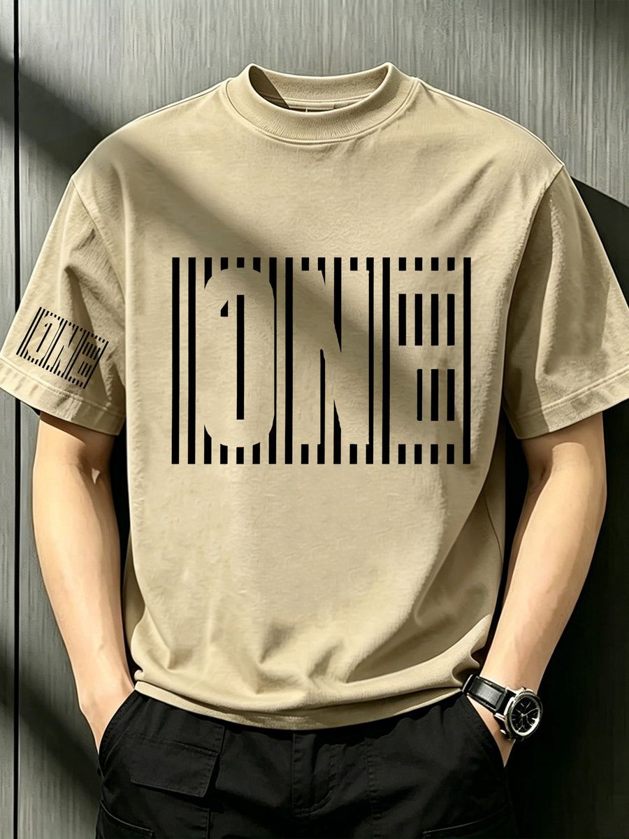 1pc Striped Hollow Letter Printed Men'S T-Shirt, Minimalist Top, Niche Design Wear - Summer Loose Breathable Crew Neck Basic Short Sleeve - Khaki