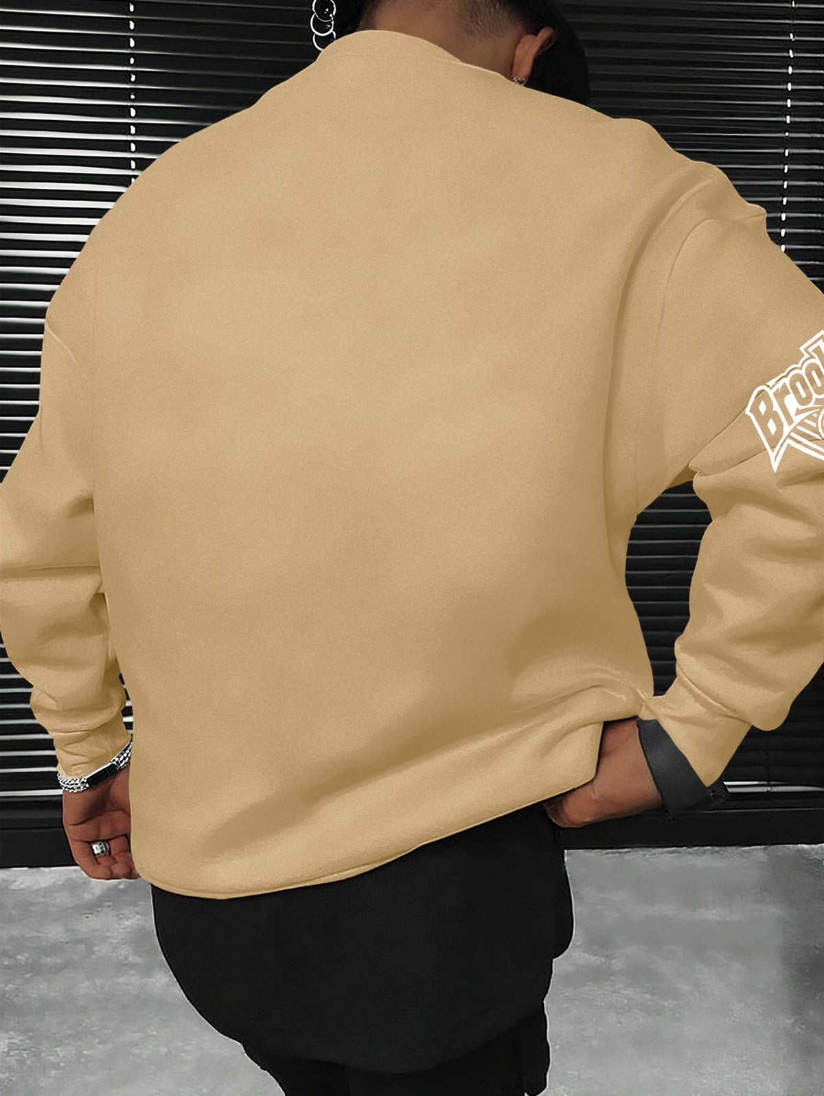 Men'S Fashion Casual "Brooklyn Victory" Letter Print Sweatshirt, Polyester Fabric, Loose Fit, Versatile Men'S Sweatshirt - ginger-colored