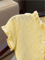 Women's Ruffle Collar Short Sleeve Single-Breasted Striped Shirt, Summer - Lemon Yellow