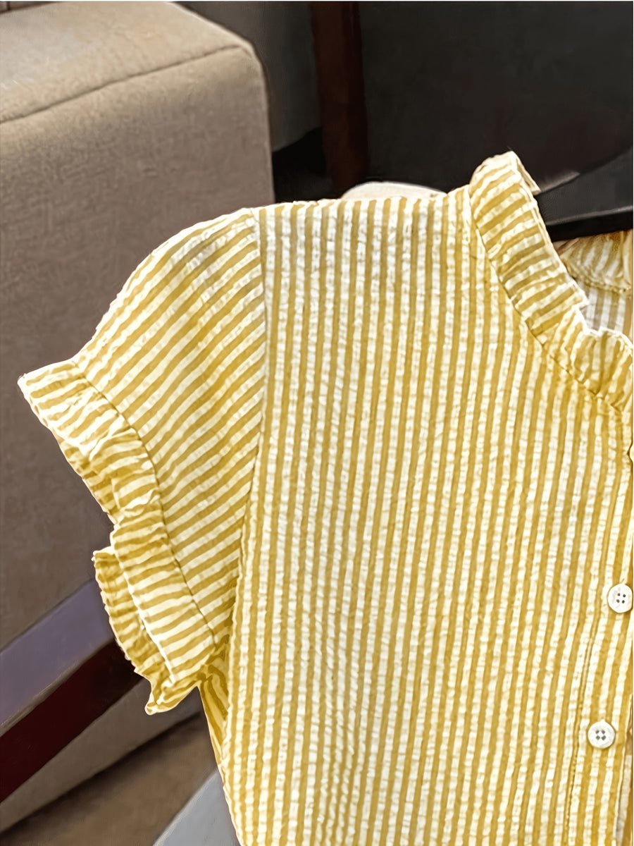 Women's Ruffle Collar Short Sleeve Single-Breasted Striped Shirt, Summer - Lemon Yellow