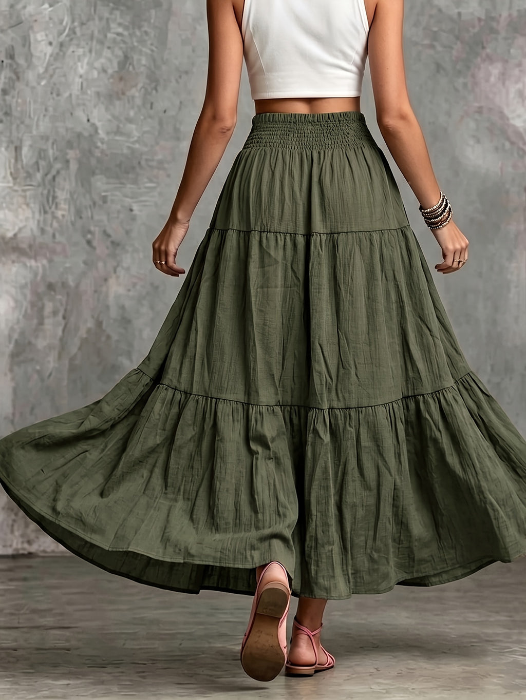 Women's Autumn Casual and Elegant Elastic Waistband Drawstring Skirt, Soft and Comfortable with a Pleated Texture, Made of -Linen Fabric - Olive Green