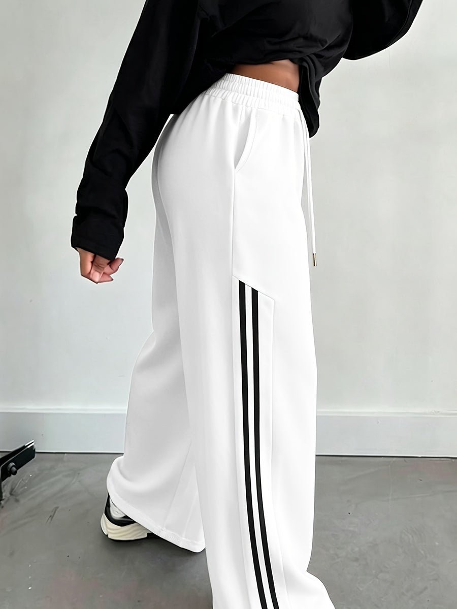 Halloween Autumn/Winter 2027NEW Women's Drawstring Waist Pocket Patchwork Casual Sweatpants, Ladies' Spring Autumn Casual Drawstring, Pockets, Side Stripe Natural Straight Leg Long Loose Pants, Casual Daily Wear, Back to - White