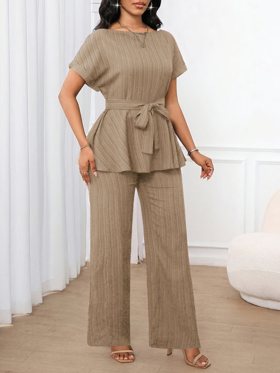 Women'S 2pcs Set, 1pc Short Sleeve Top And 1pc Loose Straight Pants Suitable for Spring Summer Wear - Apricot