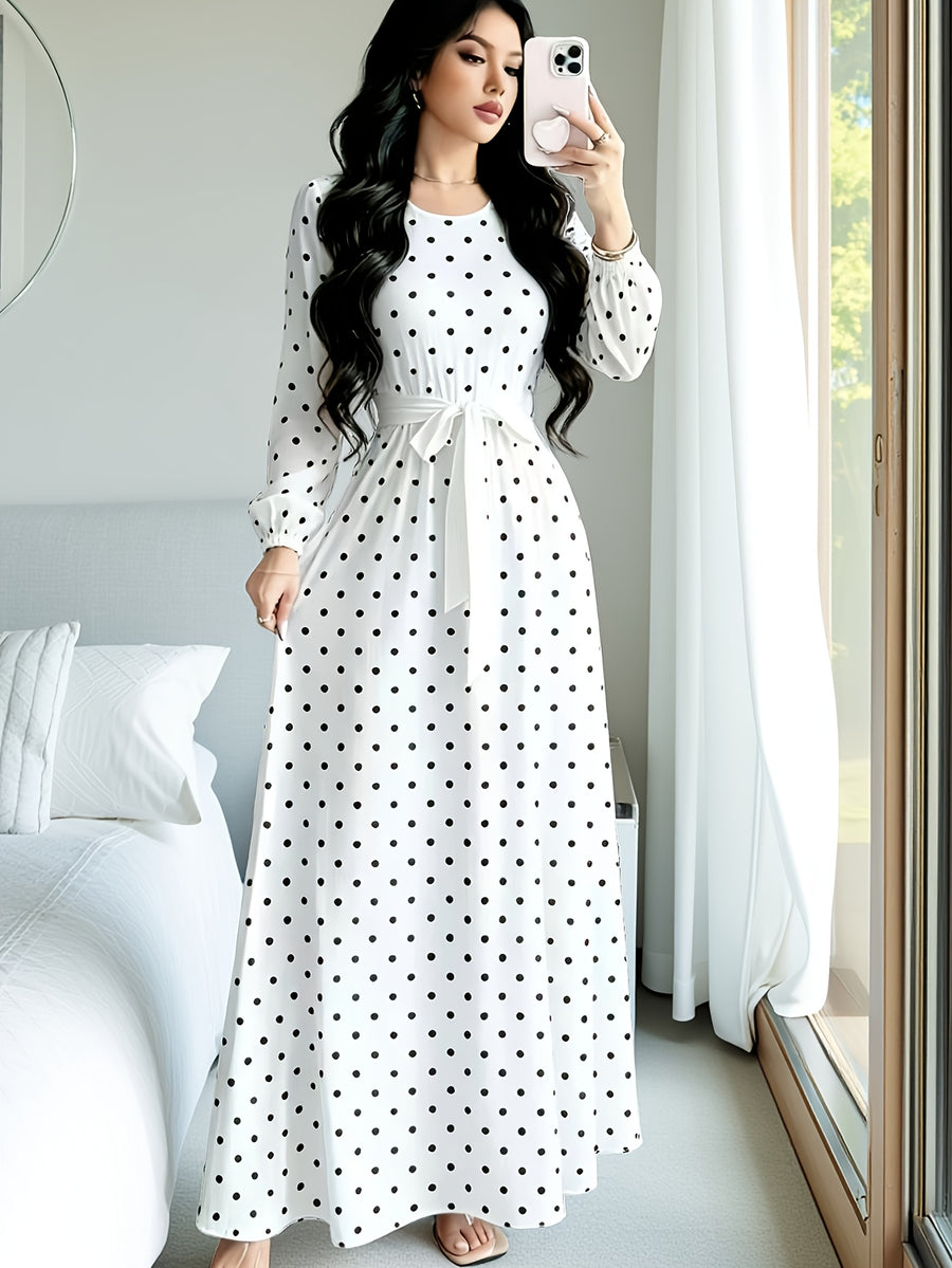 Polka Dot Printed Women'S Fashion Dress with Round Neck, Long Sleeves, Belted Waist Design, Elegant Long Dress Suitable for Spring And Autumn, Perfect for Festivals And Travel - White