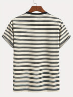 1pc Men's Summer Knit Striped T-Shirt - Soft Breathable Fabric, Classic Round Neck Short Sleeve, Regular Fit for Casual & Outdoor Wear, Multi-Color Striped Design, Daily Outfit, Lightweight Shirt, Basic Tee, Casual Attire - Milky