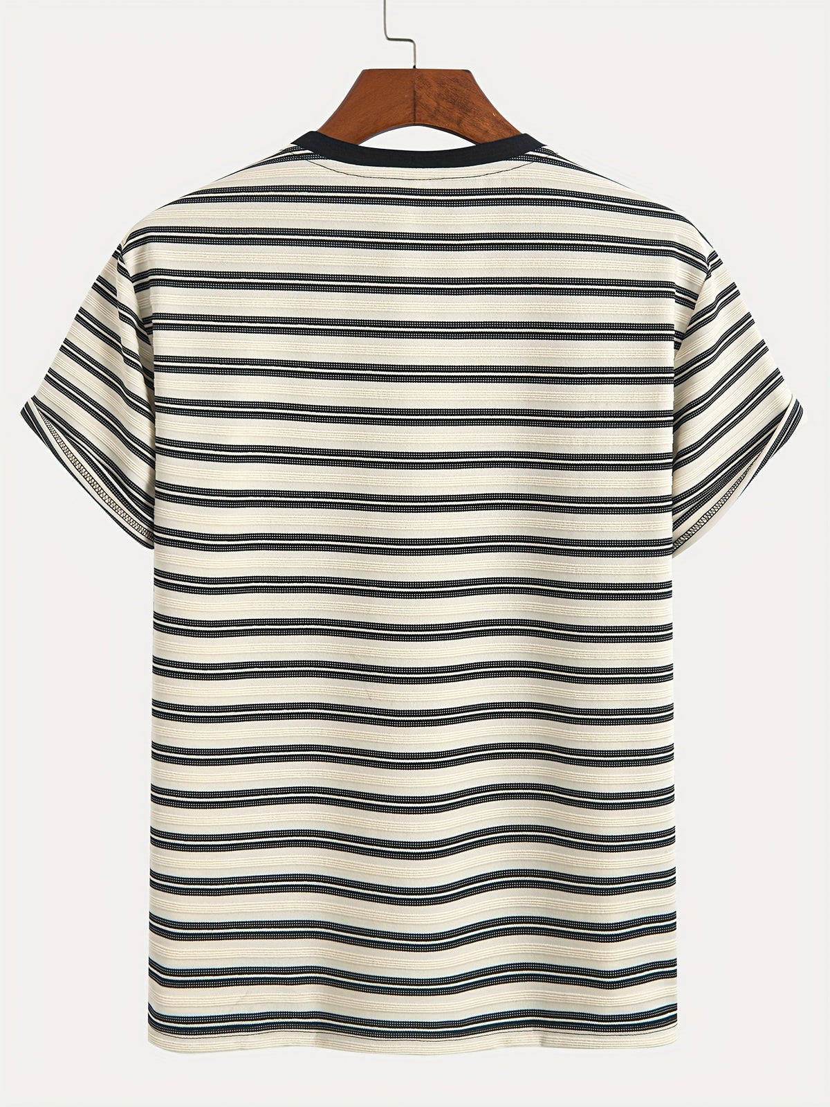 1pc Men's Summer Knit Striped T-Shirt - Soft Breathable Fabric, Classic Round Neck Short Sleeve, Regular Fit for Casual & Outdoor Wear, Multi-Color Striped Design, Daily Outfit, Lightweight Shirt, Basic Tee, Casual Attire - Milky