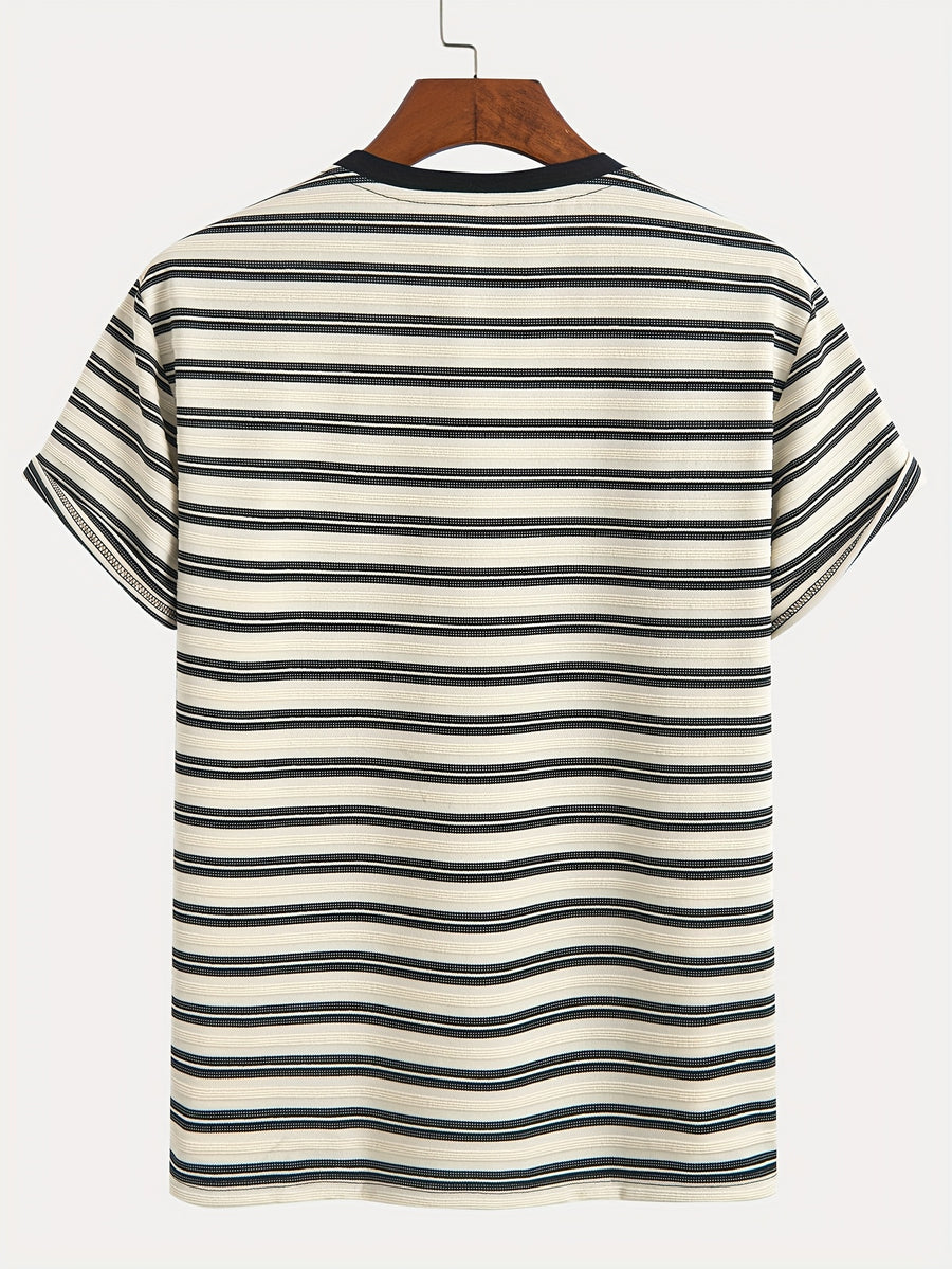 1pc Men's Summer Knit Striped T-Shirt - Soft Breathable Fabric, Classic Round Neck Short Sleeve, Regular Fit for Casual & Outdoor Wear, Multi-Color Striped Design, Daily Outfit, Lightweight Shirt, Basic Tee, Casual Attire - Milky