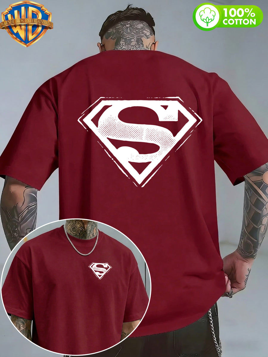 1pc WB Warner Bros. Official DC Superman Icon T-Shirt - Men's & Unisex Vintage Print, 100% Cotton Loose Fit Short Sleeve Tee with Superman, Casual Round Neck Shirt Suitable for Gym, Office, Daily Wear - Father's Day Gift for - Burgundy