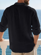 [Pearson OBM] Men'S Casual Fashion Breathable Soft Linen Texture Fabric Anti-Wrinkle Versatile Suitable for Daily Work Commuting Island Vacation Light Business Men'S Shirt - Black