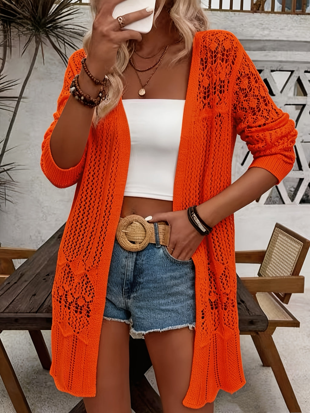 Women'S Elegant Long Sleeve Lace Open Cardigan, Suitable for Vacation, Beach - Orange Red