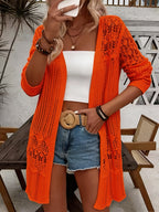 Women'S Elegant Long Sleeve Lace Open Cardigan, Suitable for Vacation, Beach - Orange Red