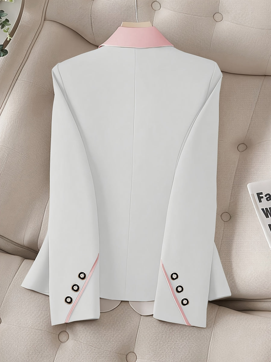 ASD1 Fashionable Women's Elegant Suit Jacket, Stylish Slim-Fit with Contrast Color Lapels and Single-Breasted Closure - White