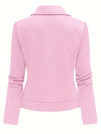 Women's New Solid Color Maze Grid Zipper Button Decorated Biker Jacket, a Stylish and Elegant Commuting, Outing, and Daily Wear Casual Jacket Top, Suitable for Autumn and Winter Seasons - Pink Color