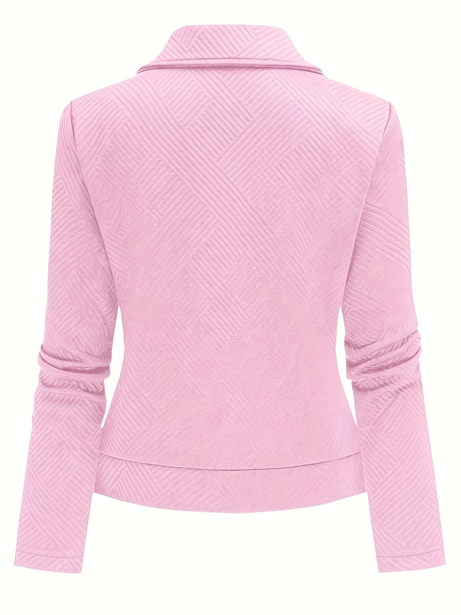 Women's New Solid Color Maze Grid Zipper Button Decorated Biker Jacket, a Stylish and Elegant Commuting, Outing, and Daily Wear Casual Jacket Top, Suitable for Autumn and Winter Seasons - Pink Color