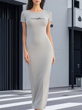 Simple Pattern Printed Dress, Elegant Round Neck Short Sleeve Dress, Suitable for Spring and Summer Seasons, Women's Clothing Dress - Grey