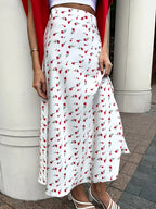 Elegant High-Waist A-Line Fishtail Cherry Print Skirt - Multicolor
