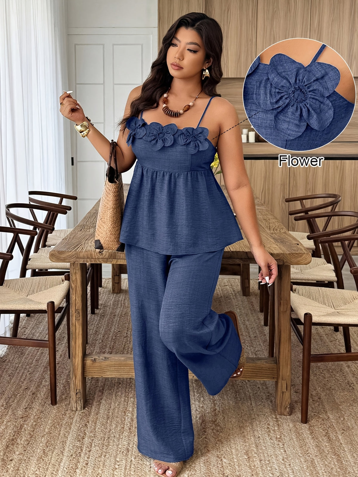 Women'S Solid Color Thin Strap Ruffled Elegant Pullover Sweater And Straight Solid Color Long Pants, Summer New Casual to Formal Wear, Designer Style, Beautiful Two-Piece Pants Set - Blue
