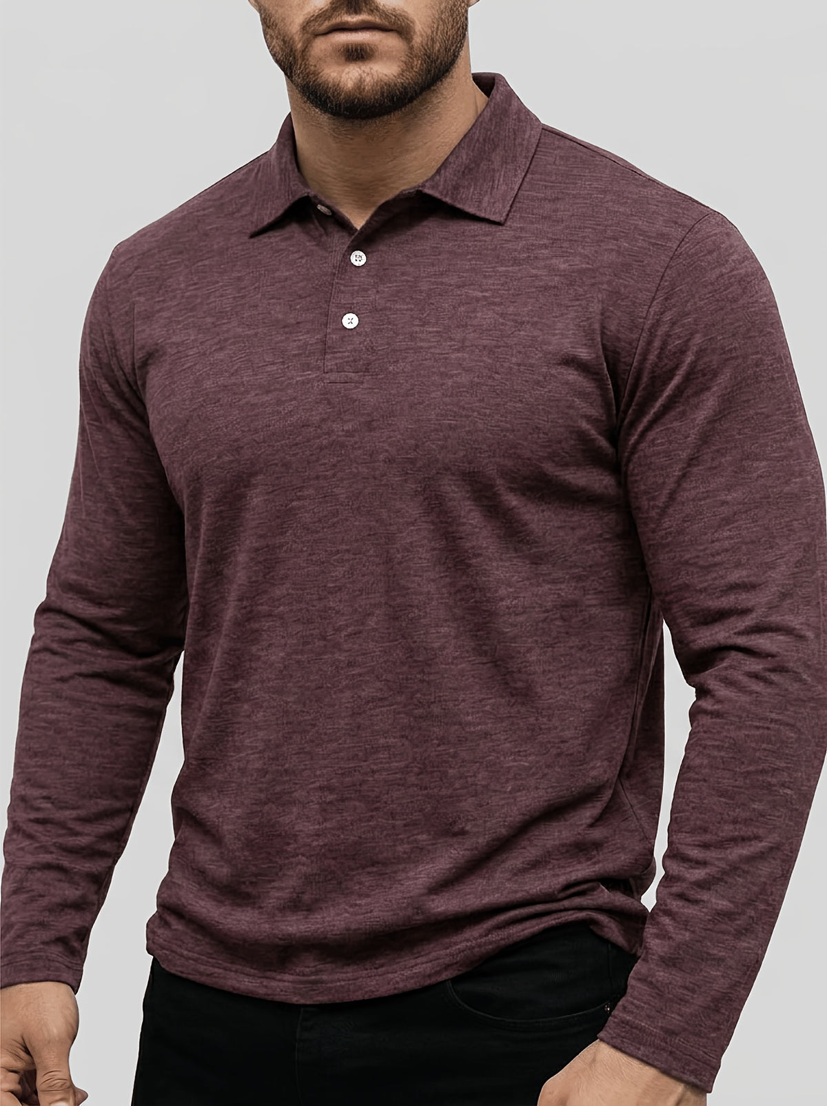 Spring/Autumn Men's Long-Sleeve T-Shirt, Men's Business Shirt, Open-Collar Lapel Color-Block Men's T-Shirt, Casual Party Wear, Suitable for Various Styling Combinations, Travel, Golf, Daily Wear, Suburban Outings, Family Trips, Parent-Teacher - Fuchsia