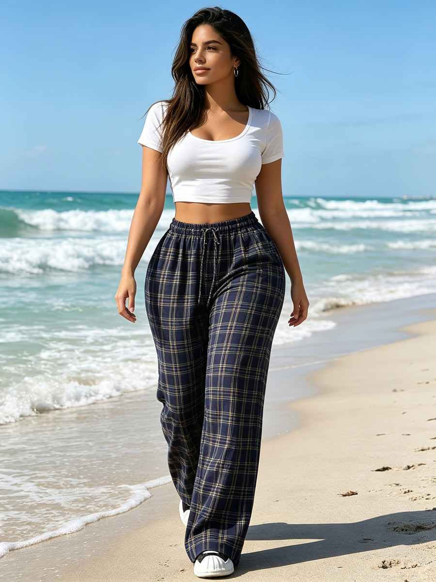 Women's Classic Plaid Print Casual Pants, Loose Fit with Drawstring and Pockets, Suitable for Home Wear, Office Wear and Daily Wear - Mixed colors