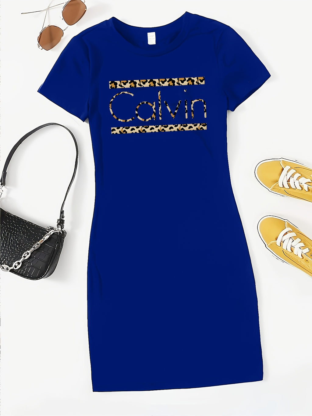 Calvin Women's Leopard Print T-Shirt Dress - Casual Short Sleeve Round Neck, Elastic Waist & Machine Washable, Spring Summer Daily Wear, Weekend Attire, Trendy Style, Comfortable Fabric, Women - Blue