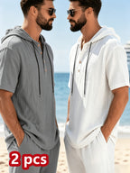[2Pcss Set] Linen Hooded Short Sleeve Outfit Men'S Vacation Style Loose Casual Home Beach 2Pcss Set - Grey+White