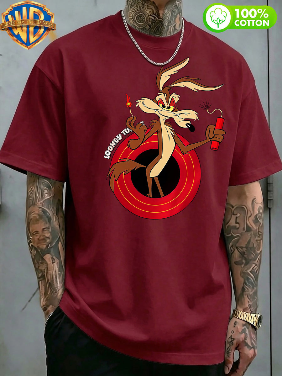 Authorized by Warner Bros., 1pc, American Retro Cartoon Contrast Sense Distorted Heart Wolf Trendy T-Shirt, Men'S 100% Casual Comfortable Versatile Loose Summer Short Sleeve T-Shirt, Double-Sided Print Front And Back, Suitable for Outdoor Wear, Gym - Burgundy