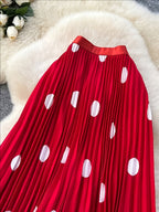 Women'S Elegant Pleated Long Skirt, Fashionable Versatile Polka Dot Half Skirt - Red