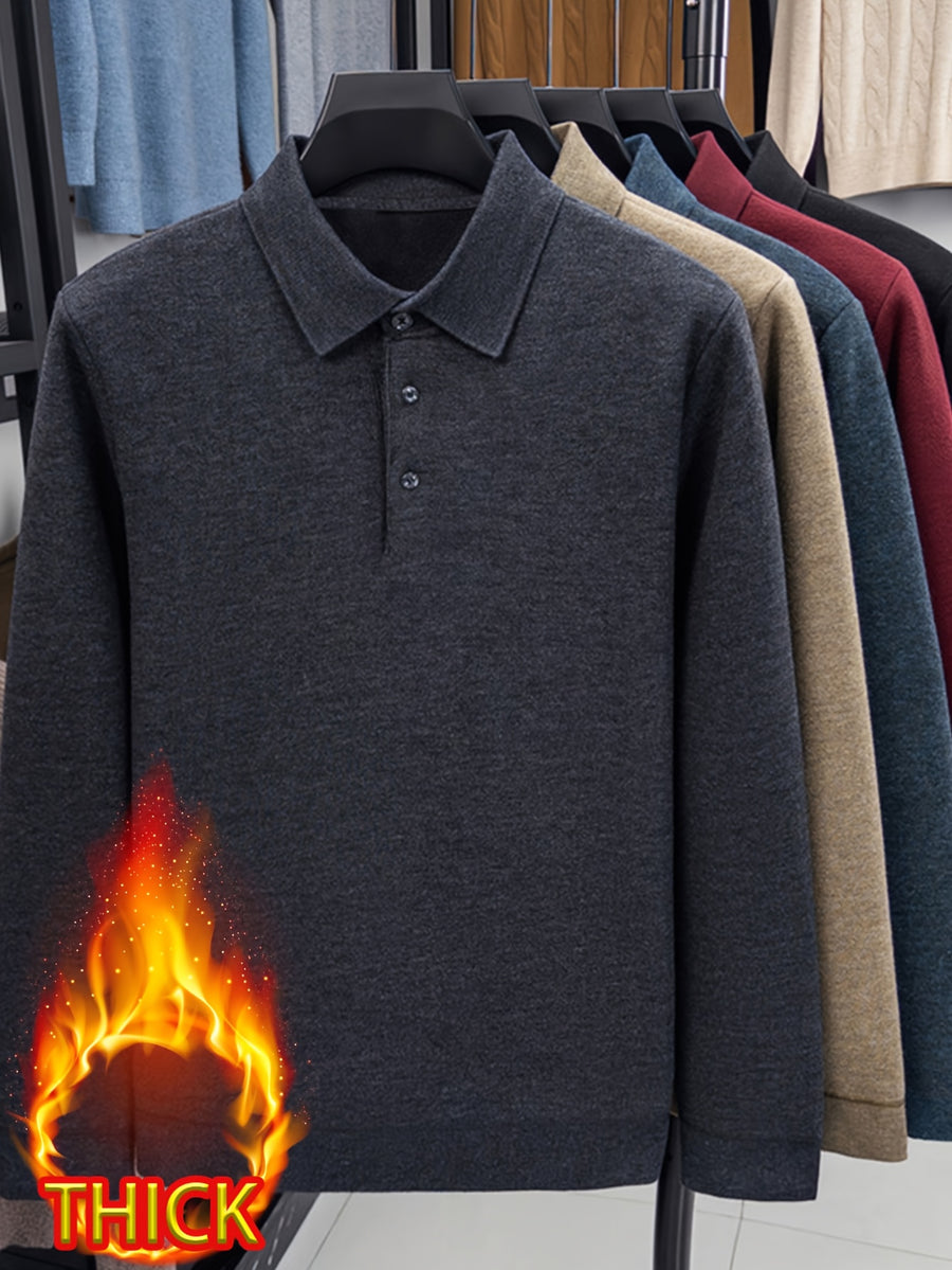 Men's -lined Lapel Polo Knit Sweater, with Plush Inner Lining, for Autumn and Winter Cold Protection. Suitable for Wearing Alone in Late Autumn and Early Winter, or as a Base Layer in Winter. Keeps You Warm Without Adding Bulk - Dark Grey
