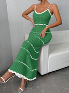 Spring And Summer New Casual Fashion Beach Vacation Slim Temperament Suspender Hollow Striped Backless Women'S Long Dress - Green